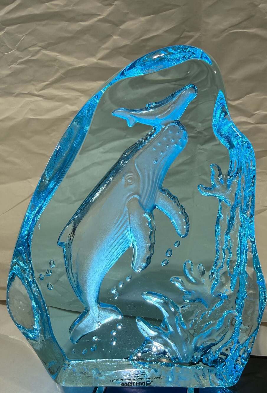 Wyland 2002 Humpback Whale and Calf Blue Glass Sculpture